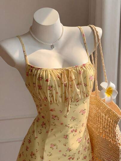 Comfortcana Nuevo vestido mini de tirantes con estampado floral diminuto amarillo fresco para mujer, adecuado para citas, estilo campus, festivales de música, uso diario, ir y venir, elegante, vacaciones en la playa