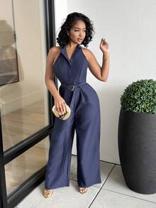 Alexandranx Bộ đồ liền thân hở vai đi làm cho nữ, màu xanh navy - Màu xanh hải quân - Xem 5