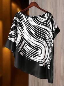 Franclia Plus Size Women's French Style Casual Summer Floral Print Round Neck Short Sleeve Blouse - Black and White - View 1