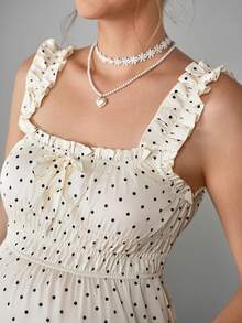 Momance 夏季女士波点蝴蝶结褶皱收腰青春荷叶边吊带摆裙 - 杏色 - 查看 9