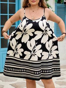SHEIN CURVE+ Plus Size Women's Elegant Minimalist Tropical Floral Print Dress, Summer Beach Holiday Style - Black and White - View 10