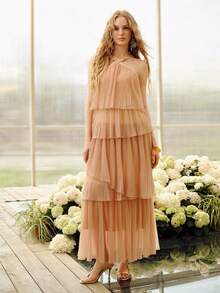 MOTF PREMIUM WOMEN'S ROMANTIC ELEGANT TIERED RUFFLE DRESS, SPRING/SUMMER - Apricot - View 4