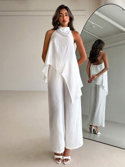 Aloruh Women's Asymmetrical Neck Top + Wide Leg Pants Set