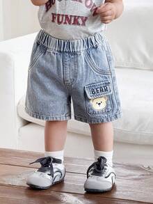 Toddler Boys' Bear Pattern Light Blue Denim Loose Cargo Shorts, Toddler Clothes, Blue Jeans For Boys, Babies Clothes For Boy, Jeans For Baby - Light Wash - View 3