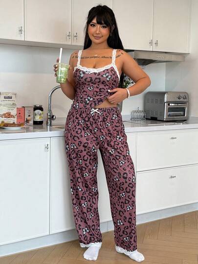 ZzzCrew Leopard & Butterfly Print Contrast Color Lace Camisole & Pants Sleepwear Set, Plus Size