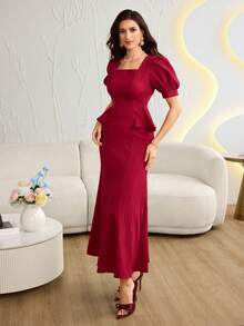 Modelyn Đầm dài tay dáng suông màu đỏ tía cổ điển dành cho nữ, kiểu dáng thanh lịch, ôm dáng. - Màu Đỏ Sâu - Xem 4