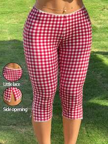 SHEIN EZwear 大码女式格子休闲百搭日常七分裤 - 紅白色 - 查看 1