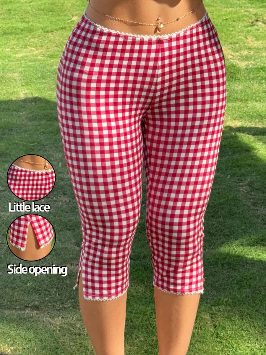 SHEIN EZwear 大码女式格子休闲百搭日常七分裤 - 紅白色 - 查看 1