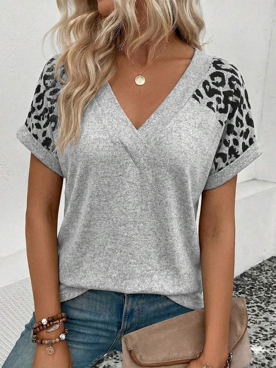SHEIN Women's Casual Chic Daily Commute Vacation Leopard Print Patchwork V-Neck Loose T-Shirt, Summer - Grey - View 1