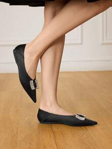 CUCCOO HITCHD Pointed Toe Low Vamp Rhinestone Square Buckle Flat Bottom Comfortable Versatile Fashionable Soft Sole Elegant Fairy Shoes Women's Shoes - Black - View 6