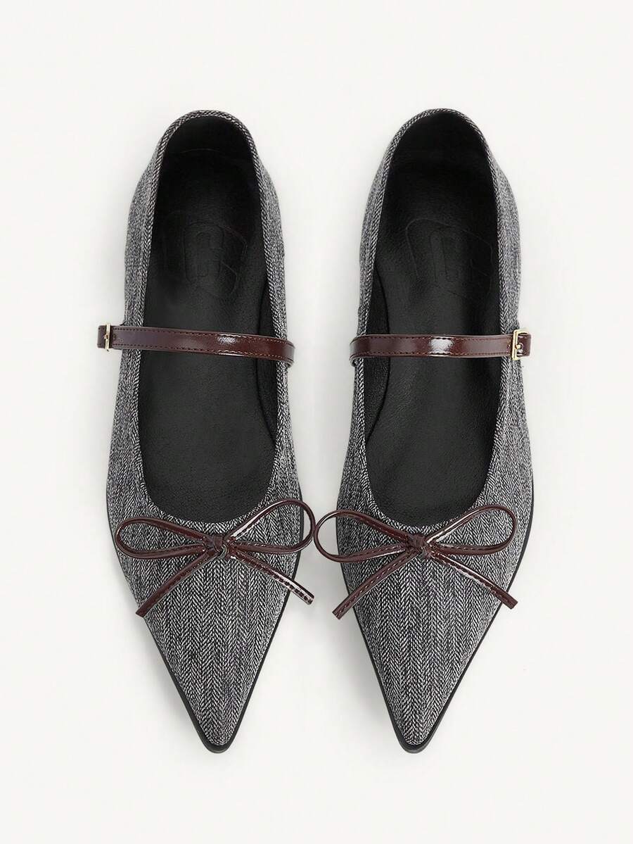 CUCCOO CHICEST 新款法式灰色蝴蝶结女鞋，尖头平底通勤鞋 - 淺灰色 - 查看 1