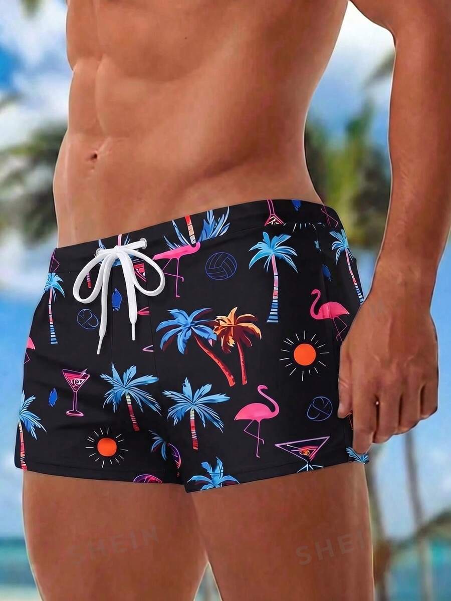 Manfinity Swimmode Quần bơi nam in họa tiết phổ biến, cạp chun, kiểu dáng thường ngày, thích hợp cho kỳ nghỉ. - Nhiều màu - Xem 1