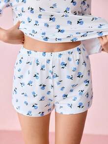 Bonmuse Conjunto de Pijama com Camiseta e Shorts Estampa Floral / Conjunto de Pijama para o Verão - Azul - Visão 7