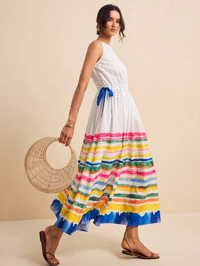 LOTSLUV 女士春夏度假圆领无袖抽绳收腰彩色抽象条纹印花连衣裙