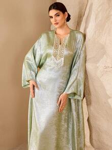 Al Najma Bata larga elegante y holgada con bordados brillantes y cuentas para mujer, ideal para banquetes - Verde - Ver 6