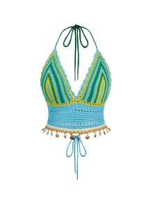 ROMWE Hippie Summer Outfits Plus Size Contrast Stripe Pattern Halter Backless Knit Top - Multicolor - View 1