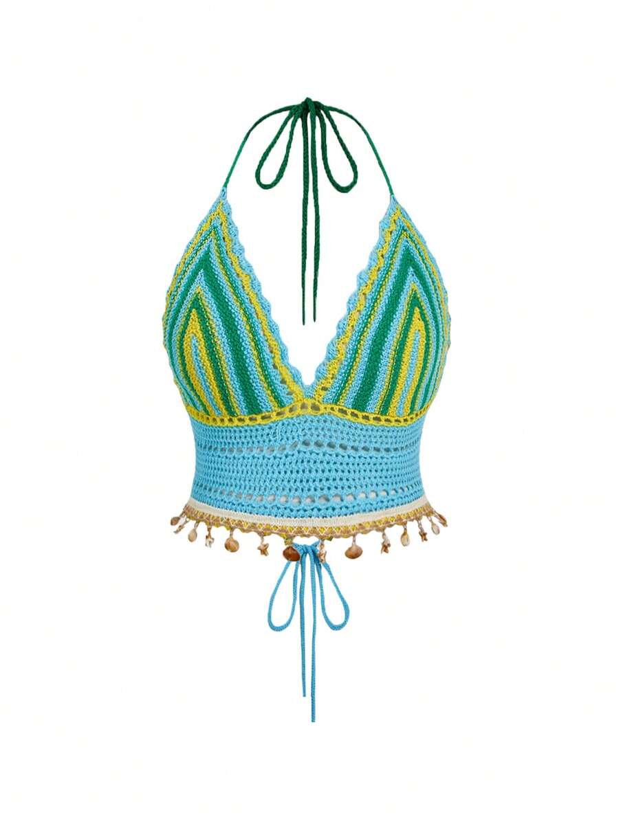 ROMWE Hippie Summer Outfits Plus Size Contrast Stripe Pattern Halter Backless Knit Top - Multicolor - View 1