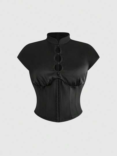 ROMWE Goth Top de mujer de talla grande con diseño de corpiño en la cintura y cuello hueco, estilo chino de verano oscuro