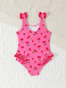SHEIN Vintaside Kids 少女一件式泳衣 粉色櫻桃印花 蝴蝶結荷葉邊設計 高彈透氣 夏季海灘度假泳裝 - 玫紅色 - 查看 2
