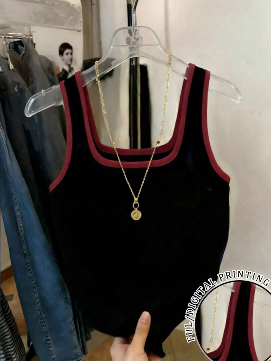 Resyla Débardeur court décontracté pour femmes avec bordure contrastée, convient pour le port quotidien en été - Rouge et noir - Voir 1