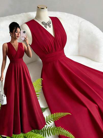 Elenzga Nuevo vestido largo de estilo vintage francés elegante para primavera/verano con diseño de resort, cuello en V, sin mangas, cintura ceñida y línea A. Uso casual diario, playa, adecuado para mujeres