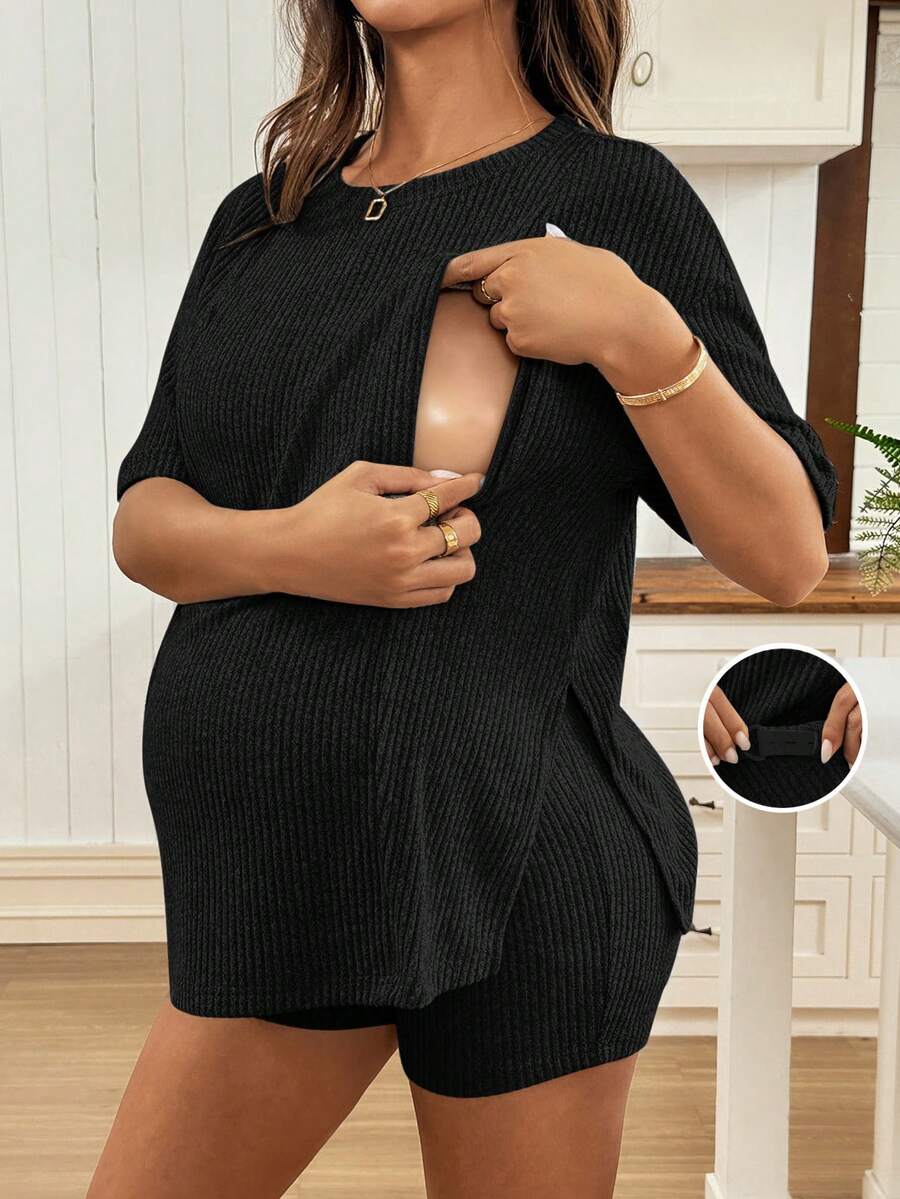 SHEIN 两件套孕妇装:纯色圆领哺乳功能上衣和可调节腰围休闲短裤 - 黑色 - 查看 1