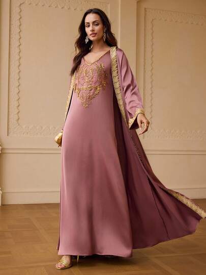 ZEYLAH 女士缎带饰边长袖睡袍和无袖连衣裙优雅两件套