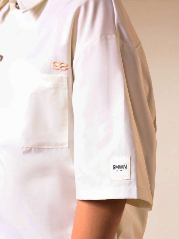 Boys Boxy Fit Short Sleeve Button Up Collared Shirt With Chest Pocket Plain Casual Summer Top