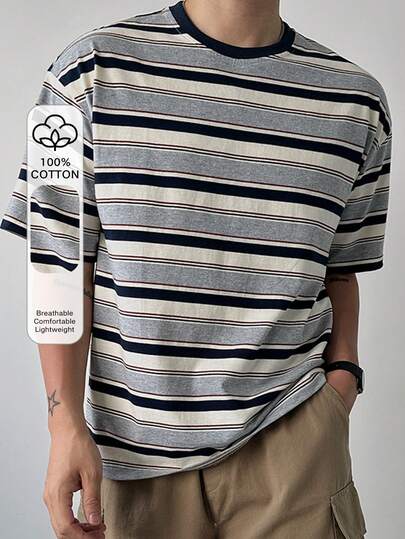 DAZY Men's Multicolor Striped Crew Neck Short Sleeve T-Shirt, Summer,Back To School Clothes