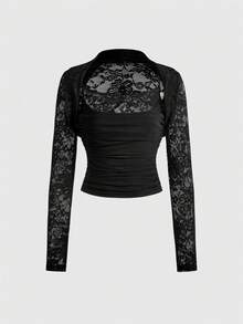 ROMWE 2 Stück/Set Mesh & Spitze Trägerhemd und kurze Spitzen Bolero - Schwarz - Übersicht 1