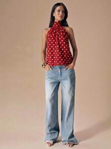 SHEIN BAE Áo croptop hở lưng cổ yếm chấm bi đen trắng gợi cảm, thích hợp cho các lễ hội âm nhạc, kỳ nghỉ. - Đỏ - Xem 3