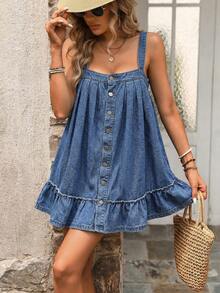 SHEIN Holidaya Đầm denim nữ dáng rộng, xếp ly, gợi cảm, thường ngày. - Rửa trung bình - Xem 1