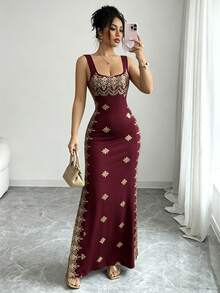SHEIN Raffinéa 女士亮金色黑色夏季新款连衣裙，方领细肩带迷人露背开衩修身高腰连衣裙，适合派对、婚礼、商务宴会、日常活动、盛会、婚宴、节日装扮等场合。 - 紅色 - 查看 5