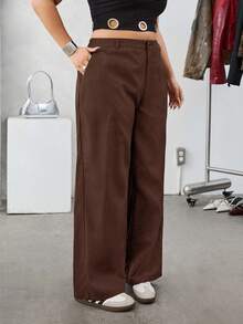 SHEIN EZwear 大码纯色斜插口袋休闲基础款西装裤，棕色，高腰夏季长裤 - 咖啡棕 - 查看 5