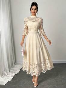 Modelyn Yellow Eyelet Embroidery Patchwork Maxi Long Sleeve Dress For Women - Apricot - View 4