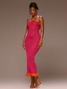 MUSERA Vestido maxi con volantes asimétricos de contraste de punto, primavera y verano, para vacaciones, salidas nocturnas, ocasiones lindas, arenas doradas - Rosa Fucsia - Ver 1