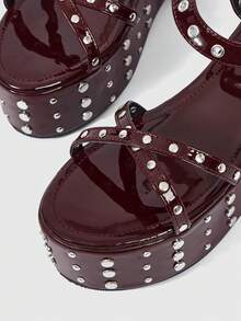 ROMWE Grunge Punk Ladies, Spike Buckles, Lame-Heeled Platform Sandals. - Burgundy - View 2