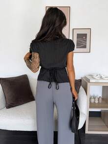 SAYEHFBABY 女士条纹短袖单排扣褶裥休闲衬衫，细条纹衬衫，黑色细条纹修身衬衫，女士短袖纽扣衬衫，罗纹衬衫，黑色夏季上衣 - 黑色 - 查看 2