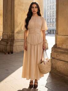 Selianne Women's Solid Color Casual Sexy Pleated Long Dress Golf Pastal Summer - Apricot - View 3
