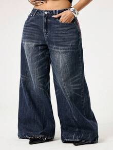 ROMWE Fairycore Quần jeans cỡ lớn kiểu vintage, bạc màu, thêu hình bướm. - Màu xanh hải quân - Xem 4