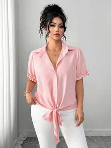 Elenzga Plus Size Women Pink Blouse, Ruffled Collar, Cuffs, Hem With Tie Waist, Fashionable Casual Romantic Commute Everyday Versatile, Spring/Summer - Dusty Pink - View 8