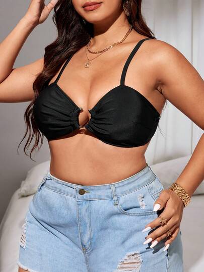 Swim Vcay Plus Size Women's Black Halter Tankini Top, Sexy Metal Ring Decor, Detachable Strap, Versatile Wear, Suitable For Holidays And Vacations