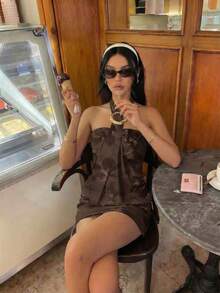 Aloruh 女士 Y2K 前卫性感紧身无肩带金属纽扣装饰吊带扎染印花迷你超短紧身连衣裙 - 棕色 - 查看 10
