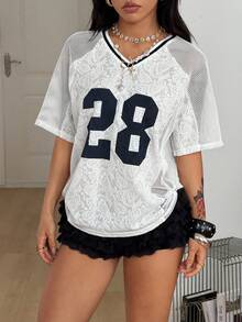 Coolane Áo thun jersey dáng rộng, cùng phong cách Y2K Gyaru Fairycore, dành cho cặp đôi nữ và nam, phối ren tương phản, kiểu dáng thể thao, thích hợp cho ngày hội thể thao. - trắng - Xem 4