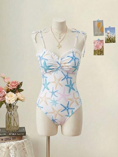 SHEIN MOD Women's Starfish Print Ruched One-Piece Swimsuit, Women's Elegant Beach Swimsuit, Summer Outfit For Women, Suitable For Beach Vacation, Vintage, Western Wear Women, Women's Starfish Print Ruffle Trim Tie Shoulder One Piece Swimsuit Multicolor Beachwear, Starfish Swimsuit, Cute