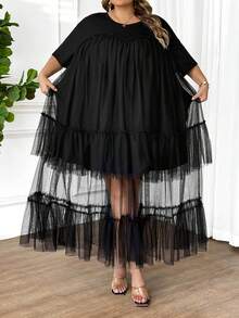 SHEIN CURVE+ Plus Size Women's Solid Color Chiffon Layered T-Shirt Maxi Dress, Holiday, Bohemian, Hippie, Summer - Black - View 5