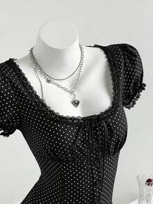 SHEIN Unity 复古甜美撞色蕾丝荷叶边波点花瓣袖修身衬衫，夏季 - 黑色 - 查看 5
