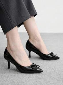 CUCCOO BIZCHIC 女士高跟鞋，尖头蝴蝶结黑色漆皮高跟鞋，女士通勤百搭细高跟鞋，优雅气质职业鞋 - 黑色 - 查看 4