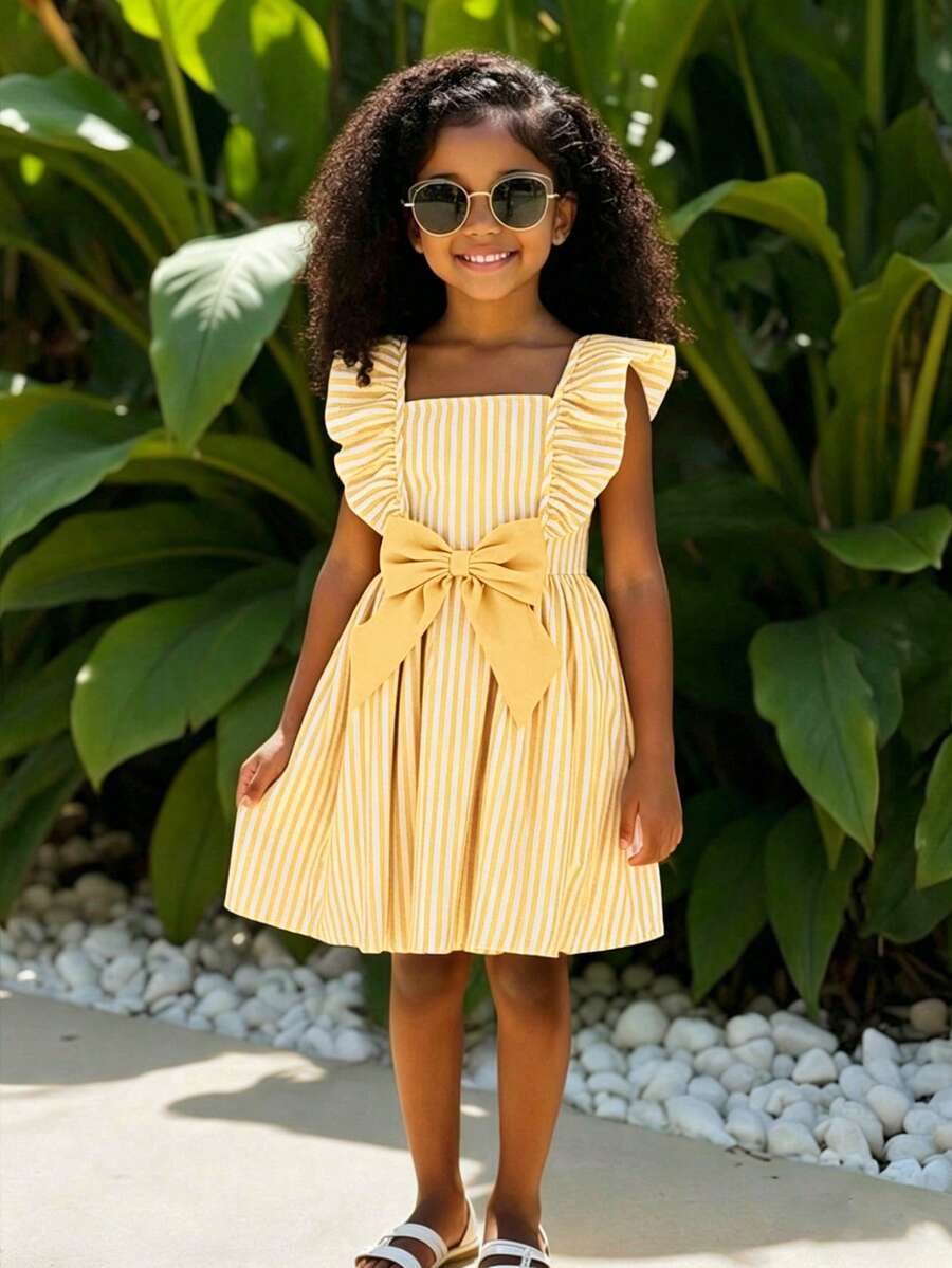 SHEIN Young Girl Blue&White Striped Floral Print Bow Ruffle Hem Short Sleeve Pink Casual Dress,Fashionable Infant Daily Wear Spring/Summer Holiday Style - Yellow - View 1