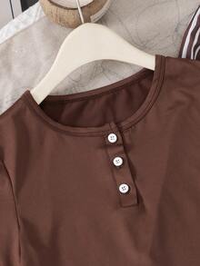 Sparklyn 2pcs Girls Casual Chic Brown Cardigan Fitted Short Sleeve Top + Retro Brown & White Striped Wide Leg Pants Set, Spring/Summer Outfit For Daily Wear & Party - Multicolor - View 4